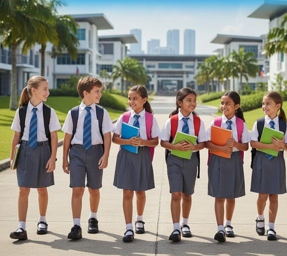 Group of diverse children in school uniforms walking together outside a modern school building