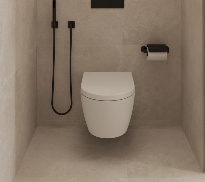 Wall-mounted toilet, bidet, and toilet paper holder in a beige bathroom.