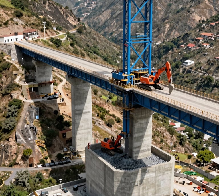 A high-angle professional photograph of a massive concrete foundation being poured for a bridge in a Latin American / Mexican mountain valley. The scene includes modern heavy machinery in Safety Orange and Steel Blue, under bright daylight. The composition emphasizes scale and engineering precision.