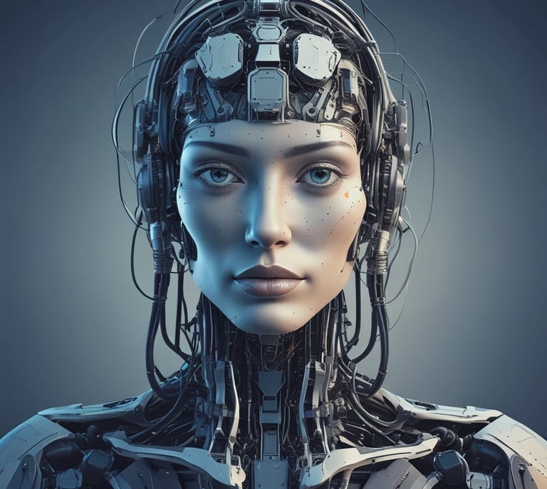 Futuristic holographic robot interacting with a WhatsApp interface.