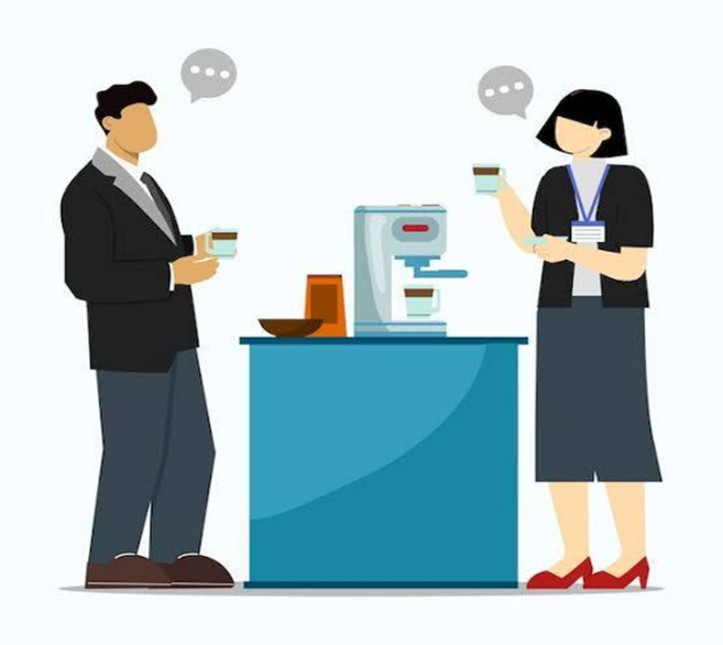 Flat illustration of business colleagues networking and talking over coffee in an office breakroom.