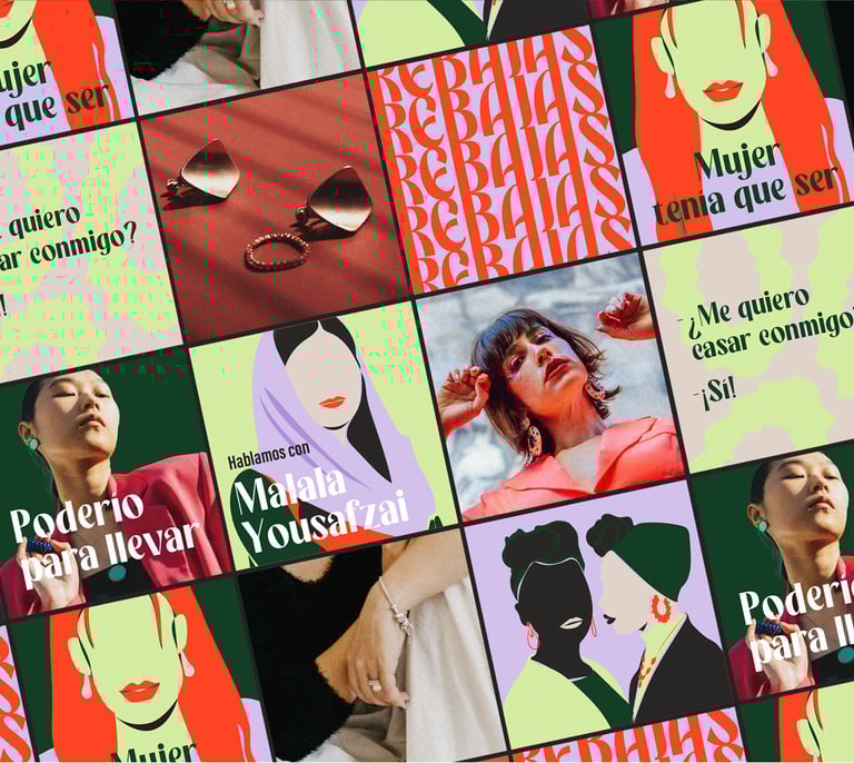 Collage de publicaciones en Instagram de Femme Era, mostrando la estética visual y mensajes feministas de la marca en redes s