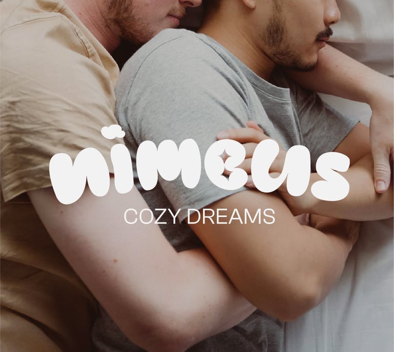 logotipo de la marca nimbus sobre una fotografía de una pareja durmiendo