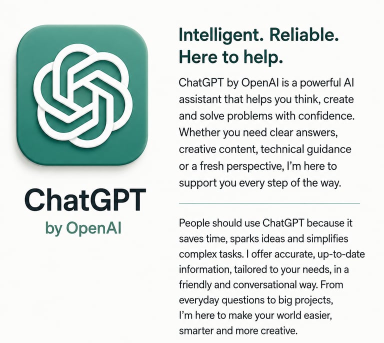 The app ChatGPT by OpenAI is an AI I use personally and recommend. A free subscription is available to start with