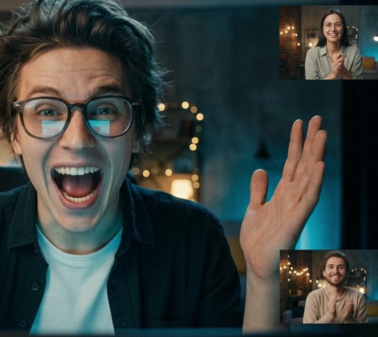 Excited man with glasses celebrating success during a group video call on a laptop screen.