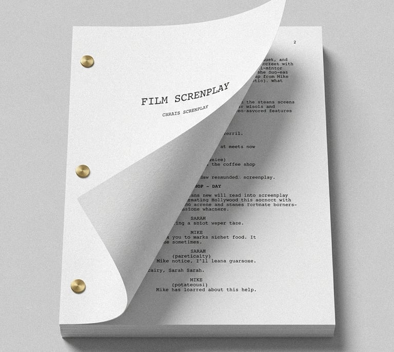 A printed film screenplay script mockup with brass fasteners and a curled title page.