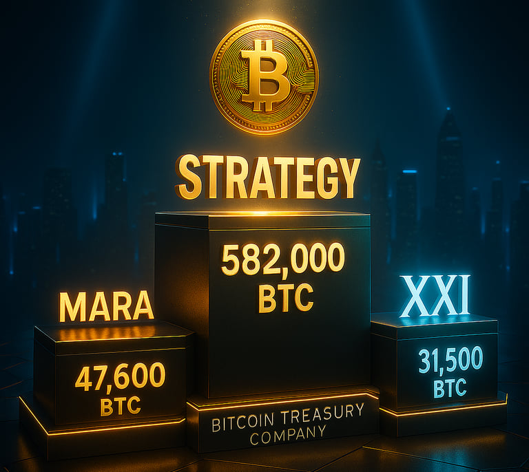Podium des plus grands détenteurs institutionnels de Bitcoin en 2025 : Strategy, MARA, XXI