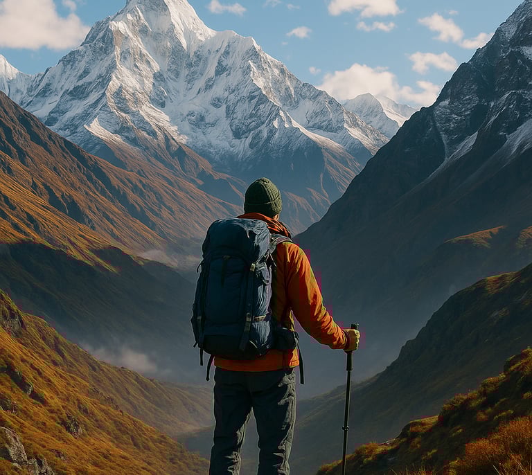Hiker on rocky ledge gazes at snow-capped Himalayan peak under blue sky