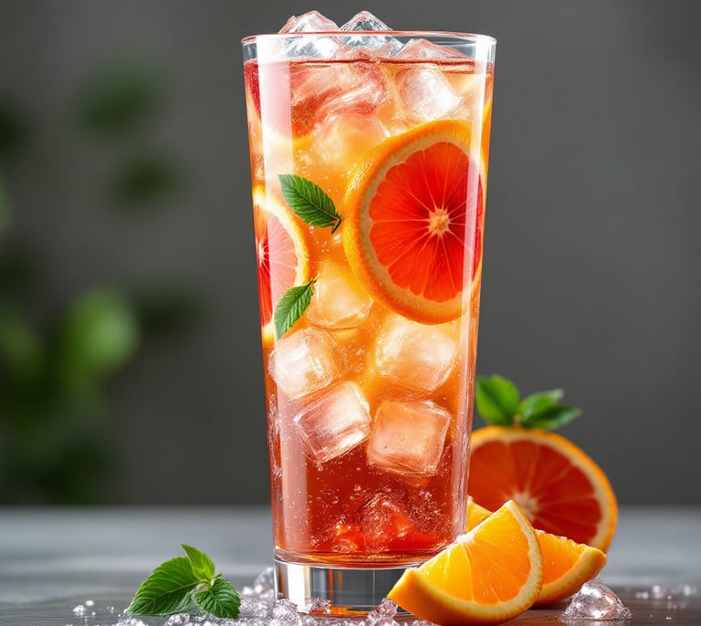 a tall glass of Fruity Hibiscus Iced Tea with ice cubes and orange slices