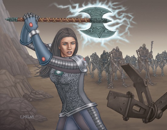 Art showing a futuristic woman with ancient axe.
