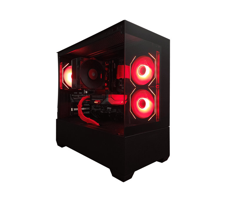 Custom gaming PC build with red RGB lighting, glass side panel, and powerful cooling fans. Radeon