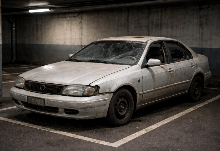 A scrap car parked in a basement parking with a broken windshield.