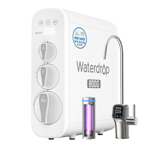 Waterdrop G3P800 tankless under-sink reverse osmosis system with smart faucet.