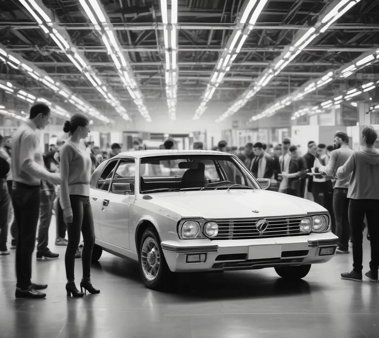 Foto a blanco y negro de unos trabajadores reunidos  alrededor de un auto blanco el cual admiran.