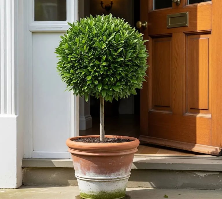 Laurel formado en arbolito, un toque elegante y singular a la entrada de cualquier casa