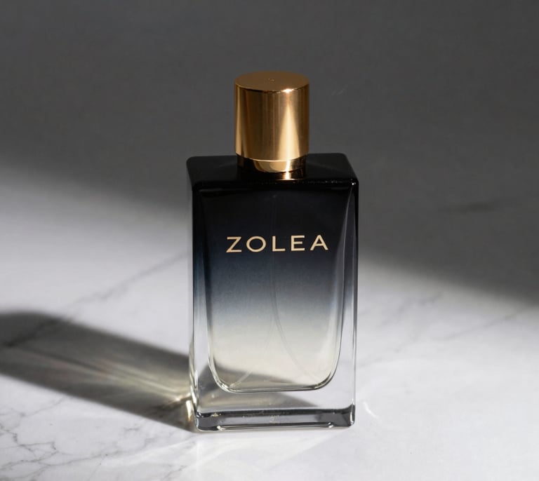 Sleek glass perfume bottle labeled ZOLEA casting sharp shadows on white marble, gold accent cap, dramatic studio lighting