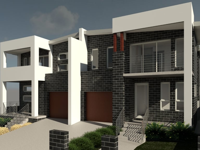 a house with a large brick building with a balcony