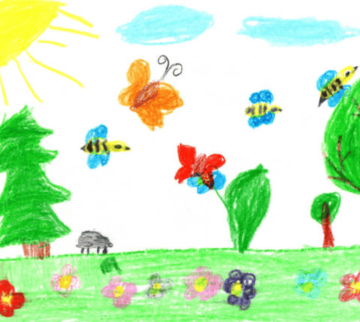 dessin d'enfant illustrant le jardin de la crèche / micro-crèche