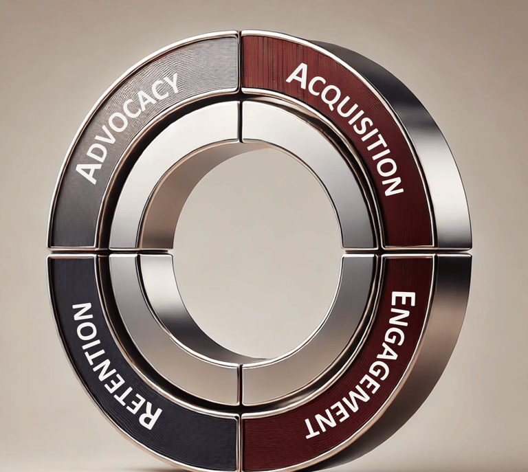 A four-stage customer lifecycle diagram illustrating acquisition, retention, engagement, & advocacy.