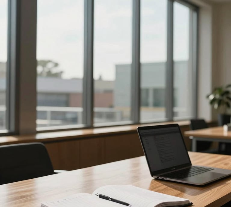 Wide-angle view of a professional real estate office interior, natural daylight streaming through tall windows onto a desk with open notebooks and a laptop mid-work, warm wood tones, no people
