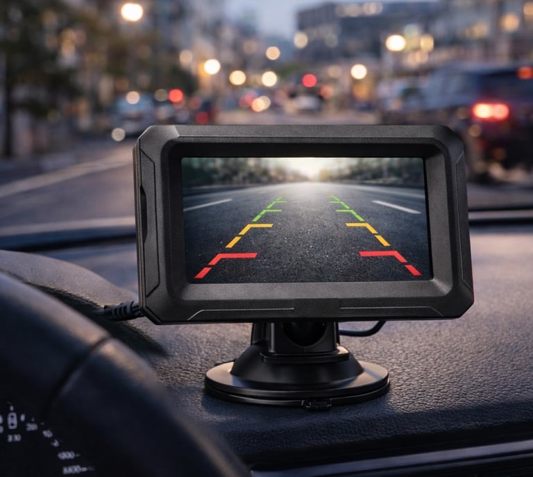 monitor de câmera de ré automotiva exibindo imagem traseira com linhas de guia no carro