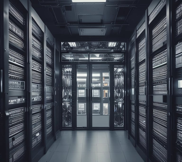 A network server rack filled with neatly organized cables. There are numerous black and red ethernet cables bundled together using cable ties. A keyboard and computer are placed at the bottom of the rack, with various networking equipment above them, showing multiple ports and blinking green lights indicating active connections.