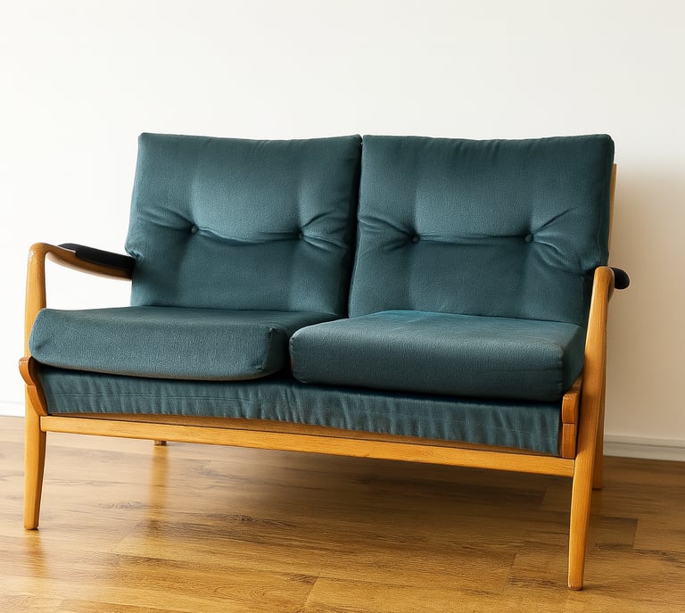 Vintage wooden two-seater sofa with dark green cushions