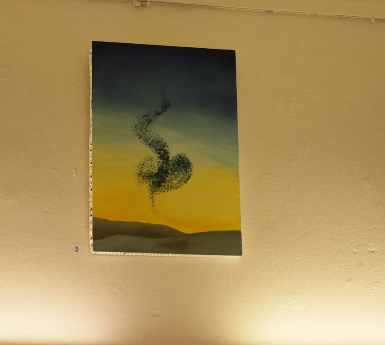 Abstract oil painting of a swirling green form over a desert sunset landscape on a gallery wall.