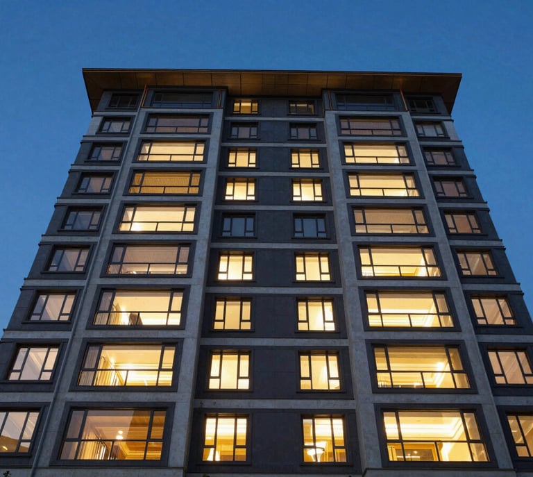 Wide-angle exterior shot of a completed luxury residential building facade at twilight, deep blue sky, warm interior lights reflecting on raw concrete and glass, low-angle perspective.