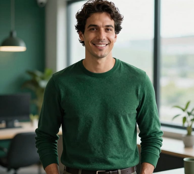 Professional portrait of Alfredo Rocha in a modern green-toned workspace, soft natural window light, crisp details, editorial lifestyle photography