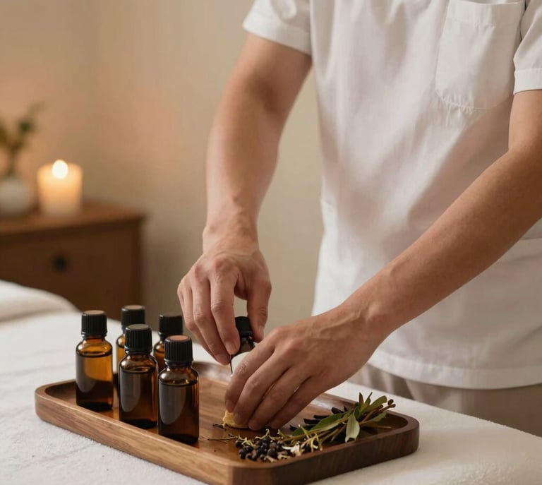 A professional massage therapist thoughtfully preparing soothing botanical essential oils in a tranquil San Diego, California wellness room with warm lighting.