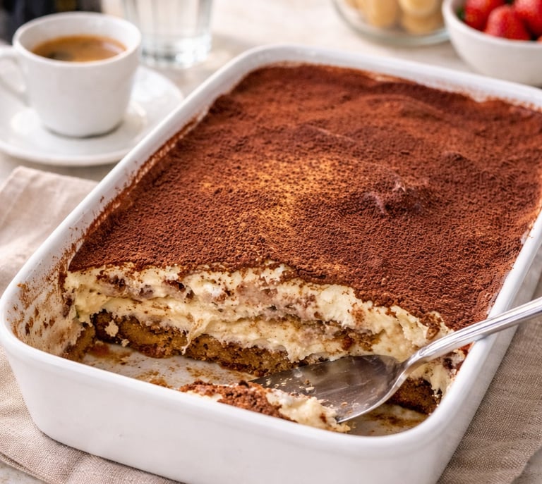 Homemade Italian tiramisu dessert in a white baking dish with cocoa powder and ladyfingers.