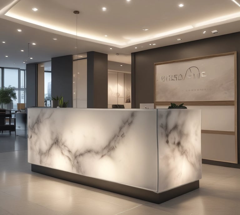 Modern luxury office reception desk featuring an illuminated white marble counter and minimalist interior design.