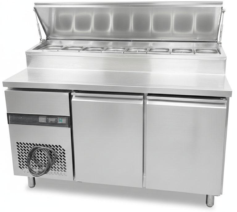 Commercial refrigerator with top lid open. and solid door