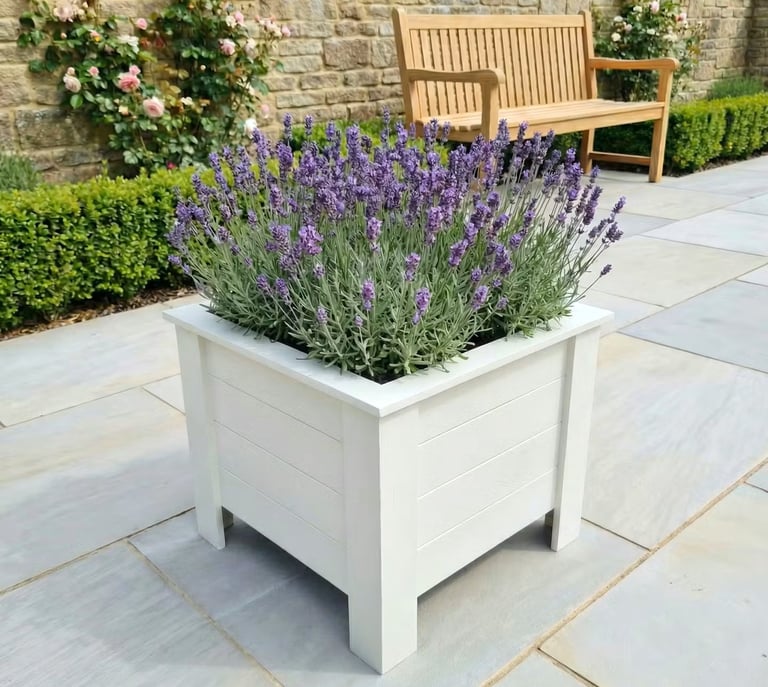 Large flower plant box wooden square planter on legs painted in white made from wood handmade in UK outdoor pot garden patio 