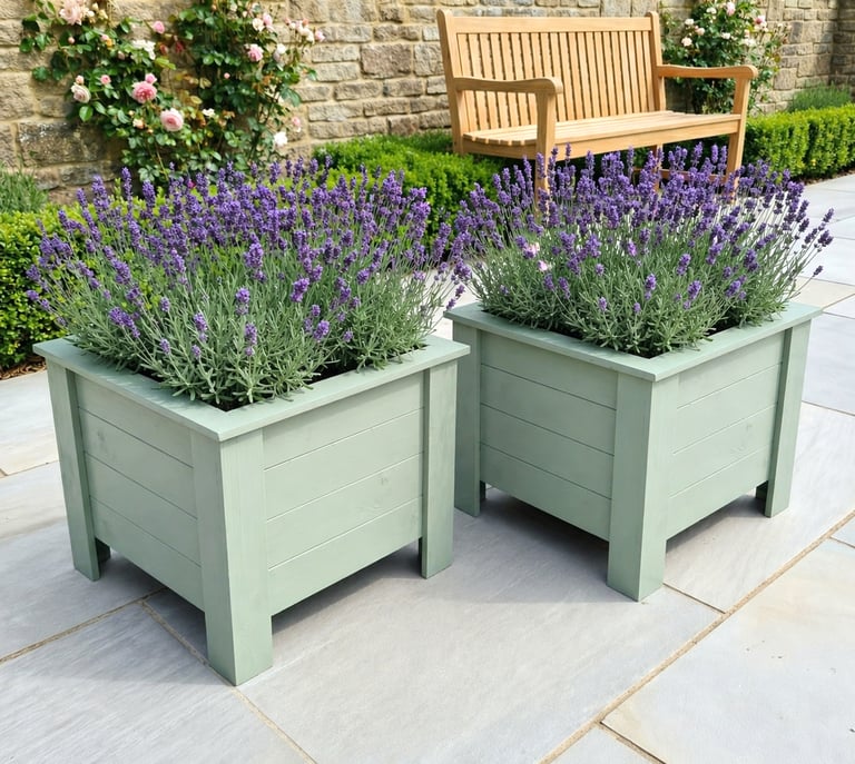 Large flower plant box wooden square planter on legs painted in white made from wood handmade in UK outdoor pot garden patio 