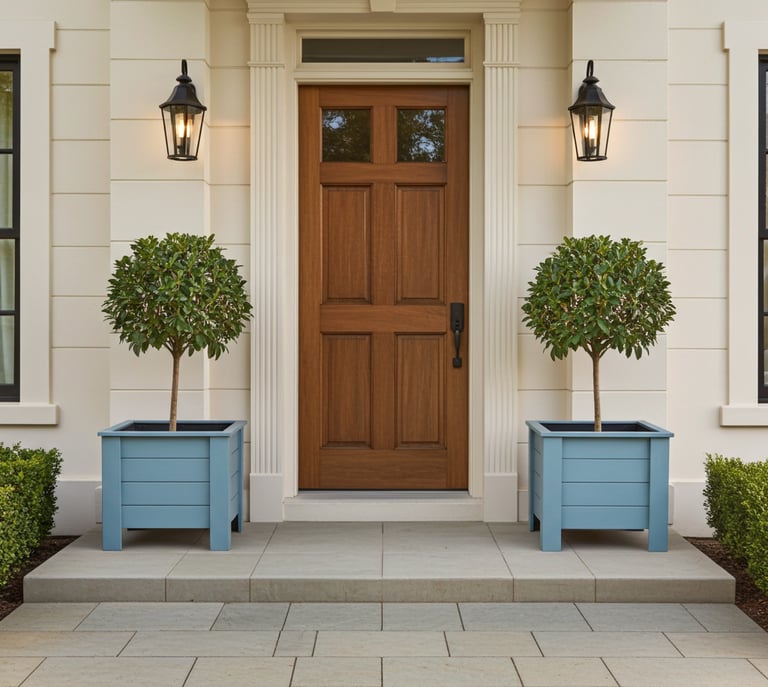 elegant wooden planter painted in grey blue with patio tree made from wood plant box on legs