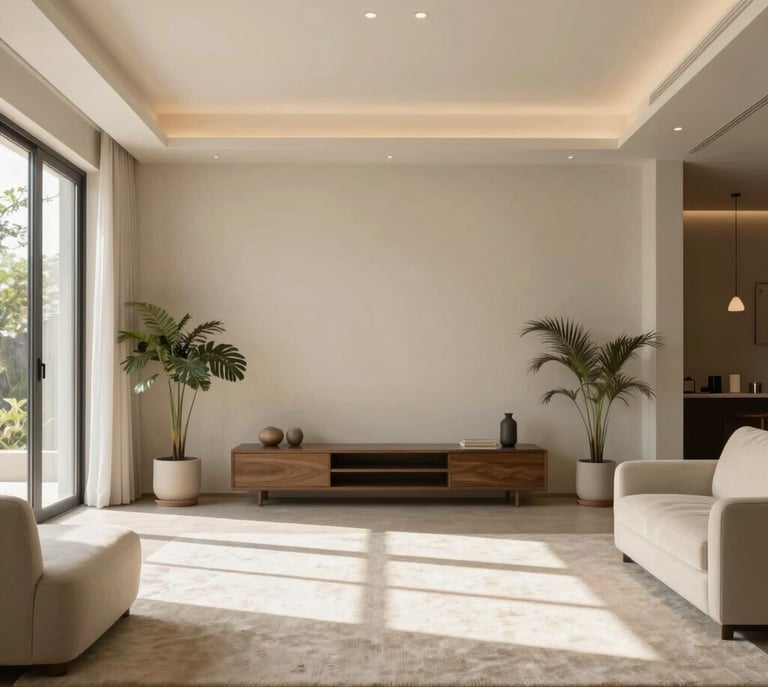 An elegant depiction of a Vaastu compass resting on a warm-toned floor plan with subtle orange accents.