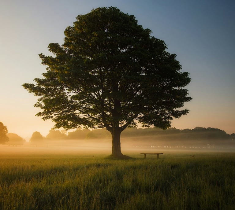Sunlit tree in morning mist - mindfulness-based consultation and training for focus and regulation.