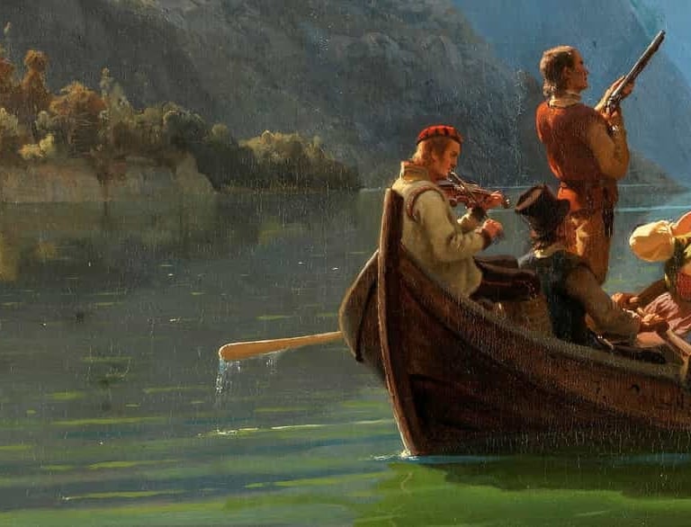 a painting of a bridal party in a boat wearing traditional costume