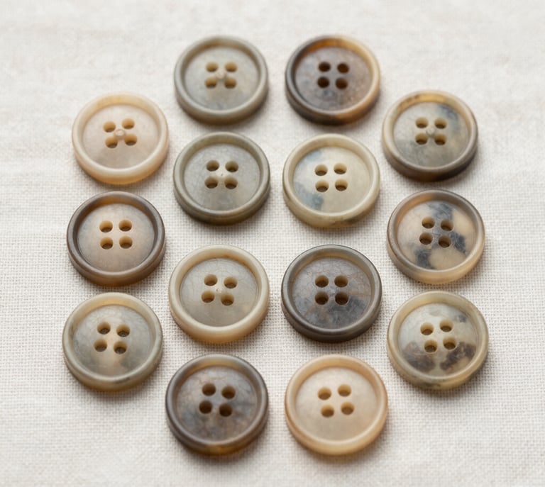 Macro shot of natural horn buttons arranged in a rigid geometric grid on a light linen surface, soft diffused studio lighting, high texture detail