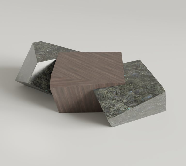 Table basse Pyrite en labradorite et noyer, cubes tronqués imbriqués