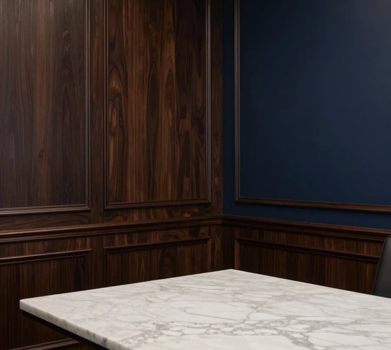 A sophisticated law office interior with dark wood paneling and deep navy walls, a single spotlight illuminating a bone white marble table, elegant and minimalist composition conveying authority.