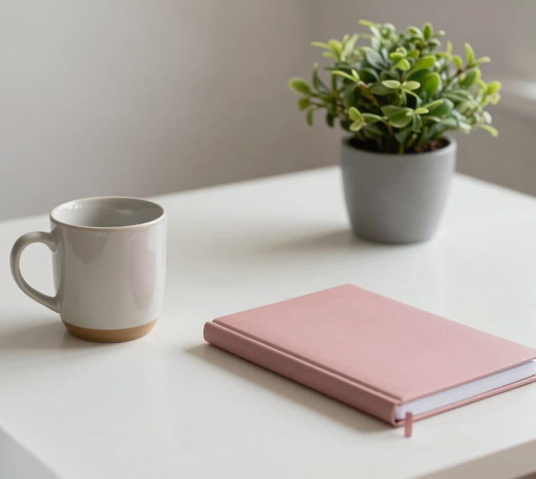 A bright, airy home office space. A soft off-white desk holds a single ceramic mug and a dusty rose pink notebook. Beside it, a small green plant in a cool grey pot. The lighting is soft and natural, emphasizing a sense of calm efficiency.