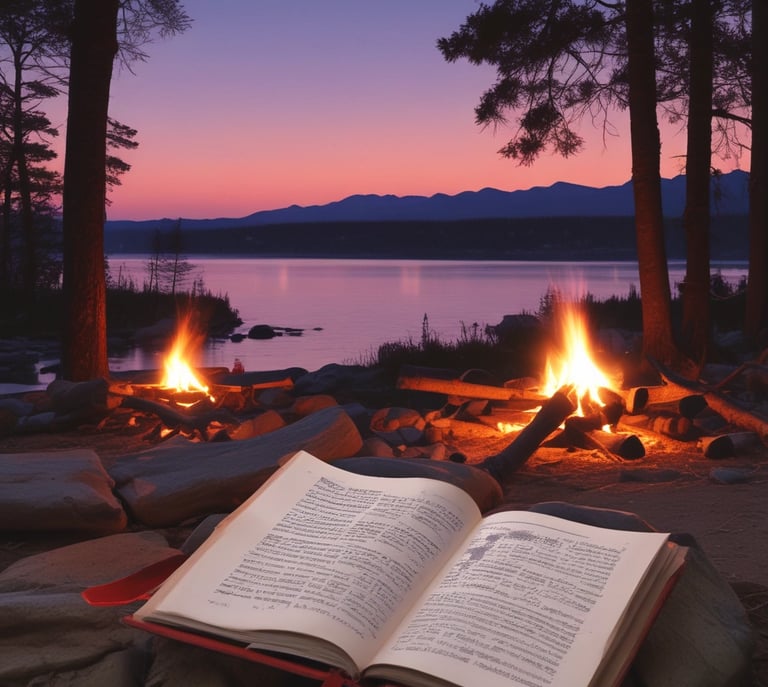 Reading a book by campfire 