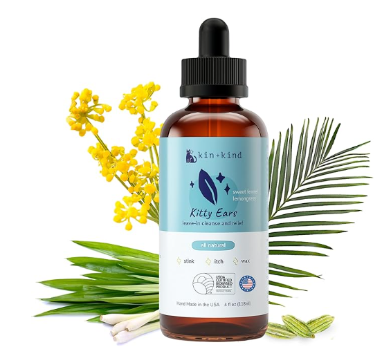 kin+kind non-toxic cat ear cleaner with organic fennel and lemongrass for wax removal.