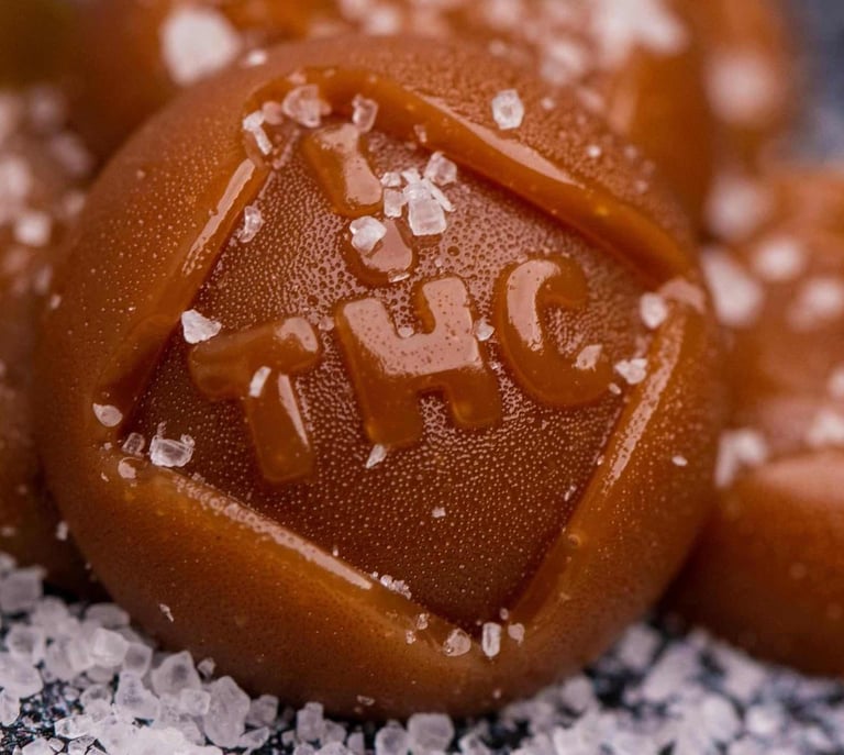 Salted THC infused caramel candy edibles with coarse sea salt crystals for recreational cannabis use.