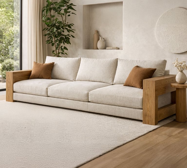 Cream linen sofa with solid wood armrests in a neutral living room with warm accent pillows and natural light.