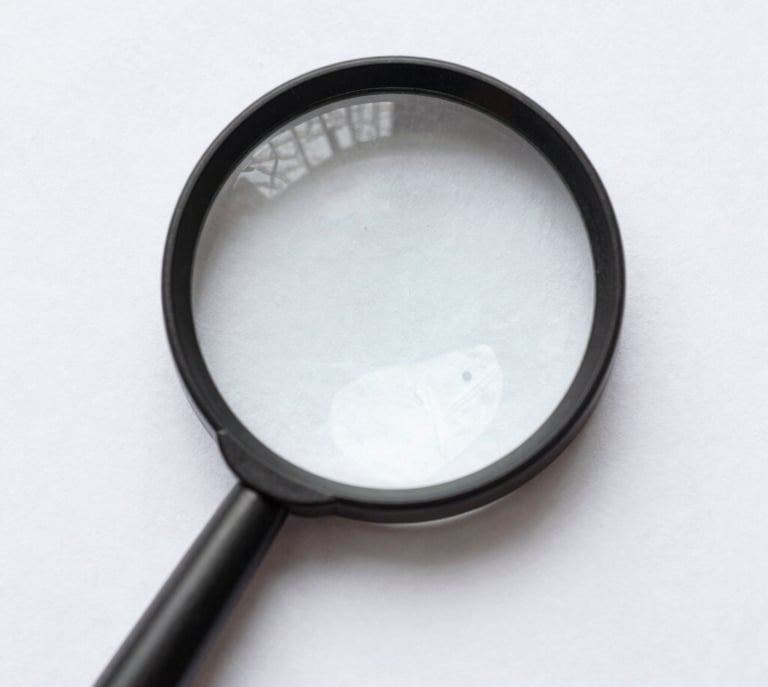 Hand holding a magnifying glass over a document for close-up reading and inspection.
