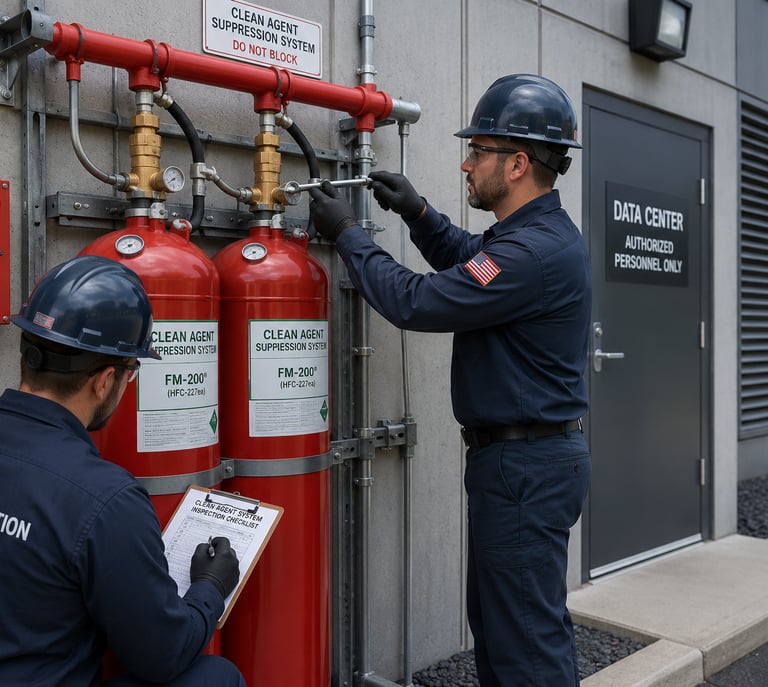 Fire Fighter Products technicians servicing a commercial clean agent fire suppression system